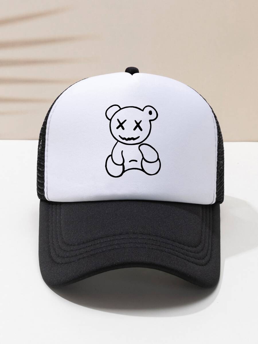 1pc Unisex White Line Drawing Bear Outdoor Leisure Adjustable Breathable Baseball Cap Trucker Cap Casual - Black and White - View 1