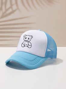 1入組中性白色條紋圖案熊刺繡戶外休閒可調節棒球網紗帽子,網眼棒球帽 - 藍色 - 查看 2