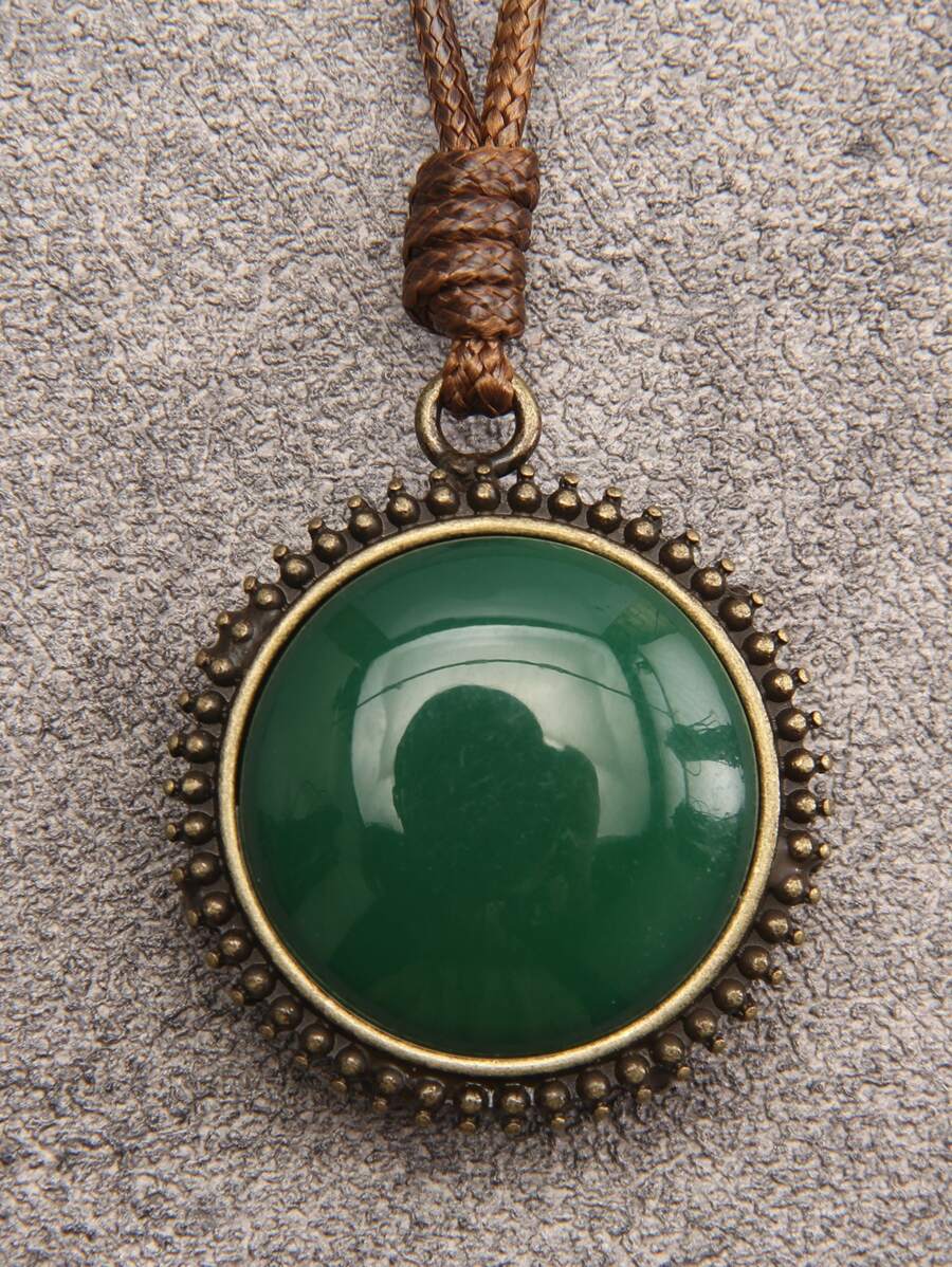 1pc Sun Shaped Green Stone & Alloy Pendant Necklace For Women, Retro Long Chain, Gift For Mother/Lover