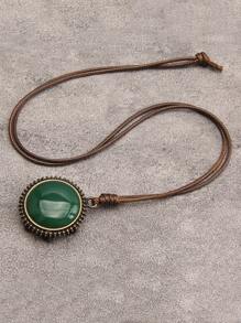 1pc Sun Shaped Green Stone & Alloy Pendant Necklace For Women, Retro Long Chain, Gift For Mother/Lover