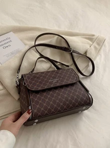 LECEY 1pc All-over Printed Fashion Flap Top Handbag With Adjustable Shoulder Strap - Coffee Brown - View 4