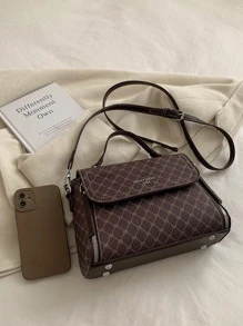 LECEY 1pc All-over Printed Fashion Flap Top Handbag With Adjustable Shoulder Strap - Coffee Brown - View 2