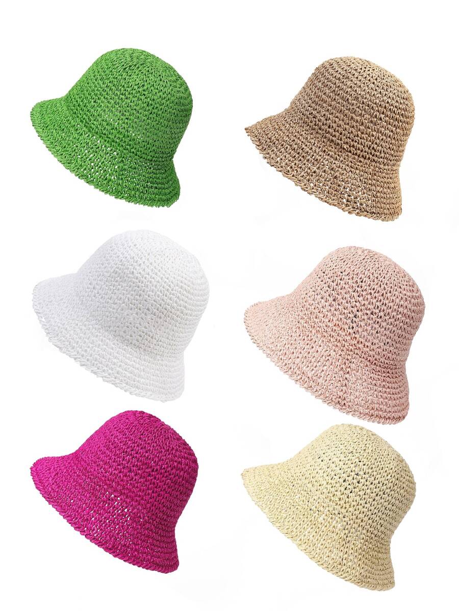 1入女士新款單色手工中空透氣防曬鉤織漁夫帽，適用於度假和日常穿著 - 玫紅色 - 查看 1