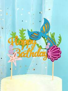 1/6/24入組生日蛋糕裝飾，快樂生日蛋糕插牌，美人魚蛋糕裝飾，適用於美人魚主題嬰兒淋浴和生日派對用品 - 彩色 - 查看 6