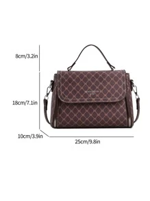 LECEY 1pc All-over Printed Fashion Flap Top Handbag With Adjustable Shoulder Strap - Coffee Brown - View 5