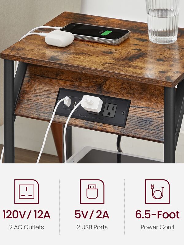 VASAGLE Side Table with Charging Station, End Table with USB Ports and