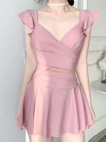 One Piece Swimsuit With Built-in Shorts And Square-cut Design - Dusty Pink - View 3