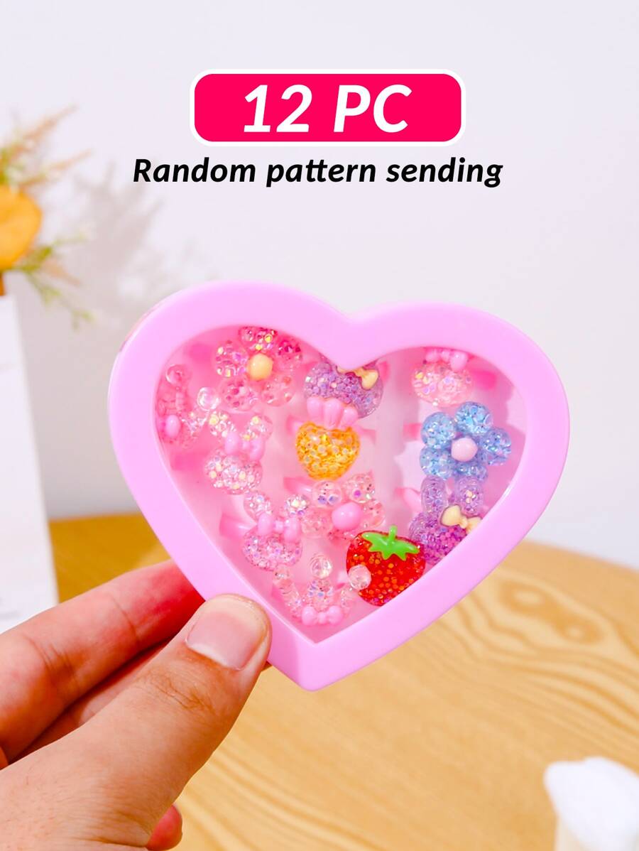 12 piezas Chicas Set de anillo con con dibujos animados de plástico Caja de regalo , al azar dulce diseño - Multicolor - Ver 1