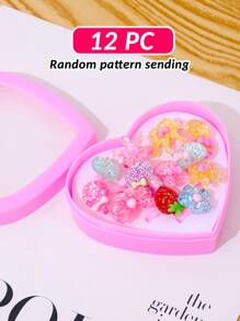 12 piezas Chicas Set de anillo con con dibujos animados de plástico Caja de regalo , al azar dulce diseño - Multicolor - Ver 3