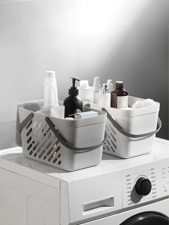 1pc Double Handles Slant Stripe Hollow Out Draining Bath Basket Bathroom Storage Basket