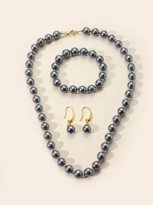 4 件套深灰色仿珍珠金属串珠项链、手链、耳环首饰套装 - 彩色 - 查看 3