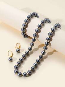4 件套深灰色仿珍珠金属串珠项链、手链、耳环首饰套装 - 彩色 - 查看 2