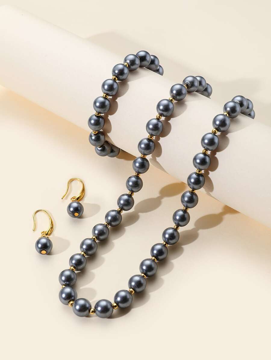 4 件套深灰色仿珍珠金属串珠项链、手链、耳环首饰套装