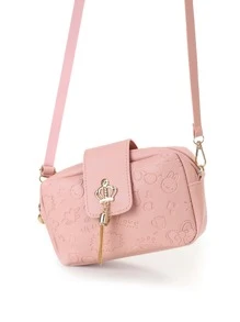 Fashionable Cartoon Embossed Crown Decoration Tassel Crossbody Bag - Pink - View 7