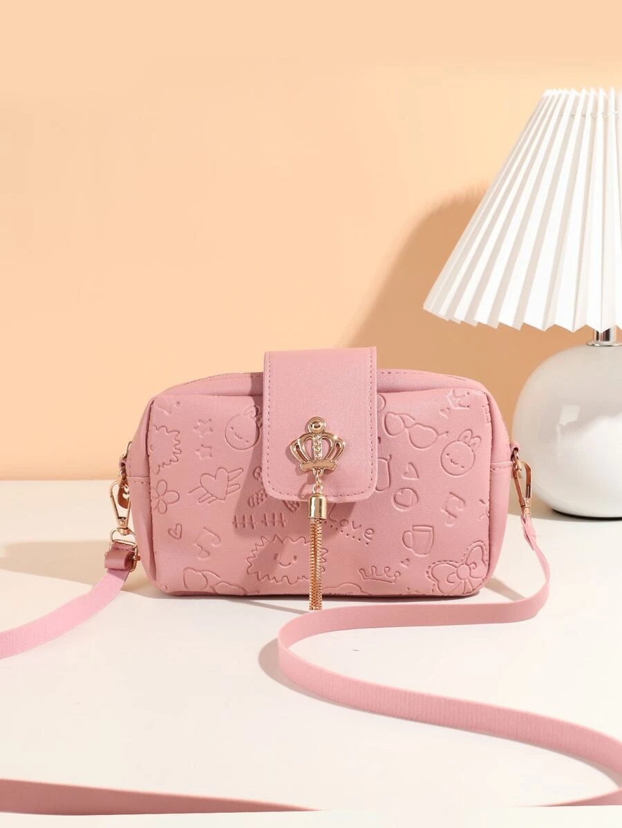 Fashionable Cartoon Embossed Crown Decoration Tassel Crossbody Bag - Pink - View 1