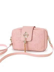 Fashionable Cartoon Embossed Crown Decoration Tassel Crossbody Bag - Pink - View 3