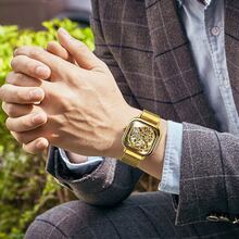 FORSINING 男士時尚金色方形復古鏤空夜光指針雕刻機製網狀不銹鋼錶帶商務、派對、休閒自動機械手錶,男女通用,帶盒子,禮品 - 金色 - 查看 3