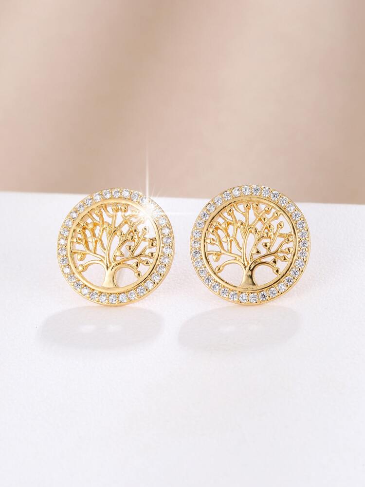 1pair Classic Round Hoop Earrings With Tree Shaped Zirconia Inlay, Suitable For Women's Daily Wear