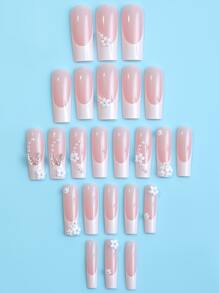 24片粉色长方形法式美甲贴片，饰有仿珍珠、山茶花和金色蝴蝶，高光泽全覆盖，适合女性和女孩，可用于美甲、日常佩戴和情人节。 - 彩色 - 查看 2