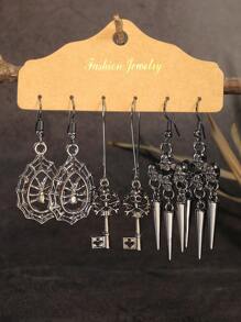 TopHanqi 3雙復古時尚黑色合金掛墜耳環套裝,風銃、鑰匙、幾何形、蜘蛛網、骷髏等元素,大號吊鉤,攜帶方便,適用於女男派對服飾搭配