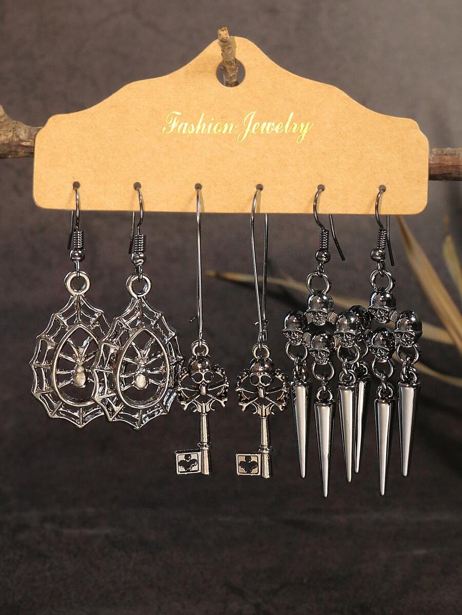 TopHanqi 3雙復古時尚黑色合金掛墜耳環套裝,風銃、鑰匙、幾何形、蜘蛛網、骷髏等元素,大號吊鉤,攜帶方便,適用於女男派對服飾搭配