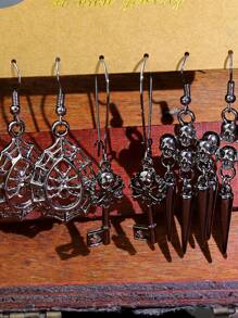 TopHanqi 3雙復古時尚黑色合金掛墜耳環套裝,風銃、鑰匙、幾何形、蜘蛛網、骷髏等元素,大號吊鉤,攜帶方便,適用於女男派對服飾搭配