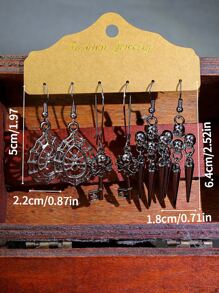 TopHanqi 3雙復古時尚黑色合金掛墜耳環套裝,風銃、鑰匙、幾何形、蜘蛛網、骷髏等元素,大號吊鉤,攜帶方便,適用於女男派對服飾搭配