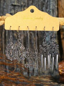 TopHanqi 3雙復古時尚黑色合金掛墜耳環套裝,風銃、鑰匙、幾何形、蜘蛛網、骷髏等元素,大號吊鉤,攜帶方便,適用於女男派對服飾搭配