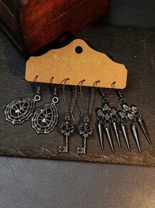 TopHanqi 3雙復古時尚黑色合金掛墜耳環套裝,風銃、鑰匙、幾何形、蜘蛛網、骷髏等元素,大號吊鉤,攜帶方便,適用於女男派對服飾搭配