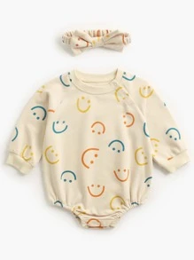 寶寶女孩可愛面孔印花長袖三角襯衫,適用於生日假日派對和春秋冬季（附有髮箍） - 杏色 - 查看 2