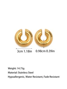 1雙圓形不銹鋼時尚夾式耳環,18K鍍金,適用於女士日常穿著 - 金色 - 查看 5