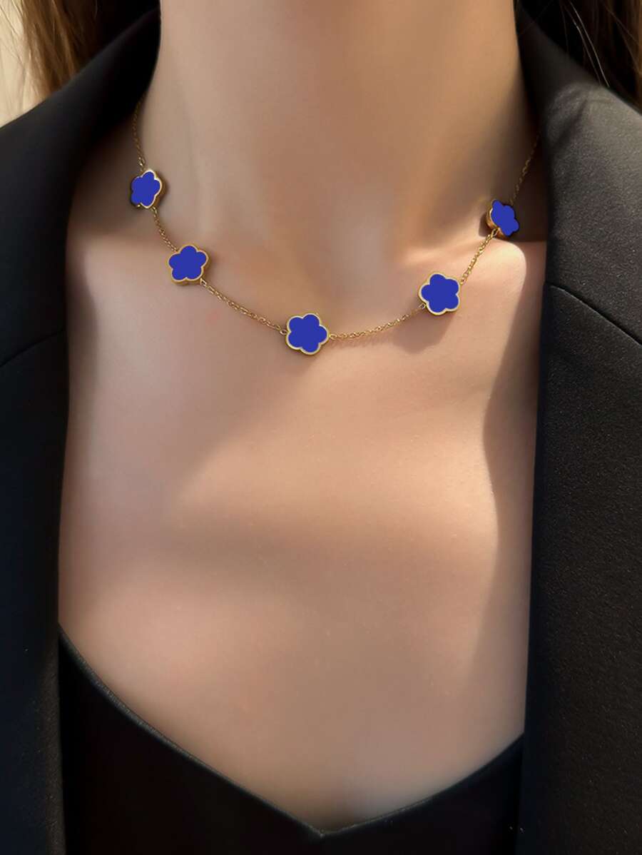 1Pc Fashion Stainless Steel Flower Decor Chain Necklace For Women For Daily Life - Blue - View 1
