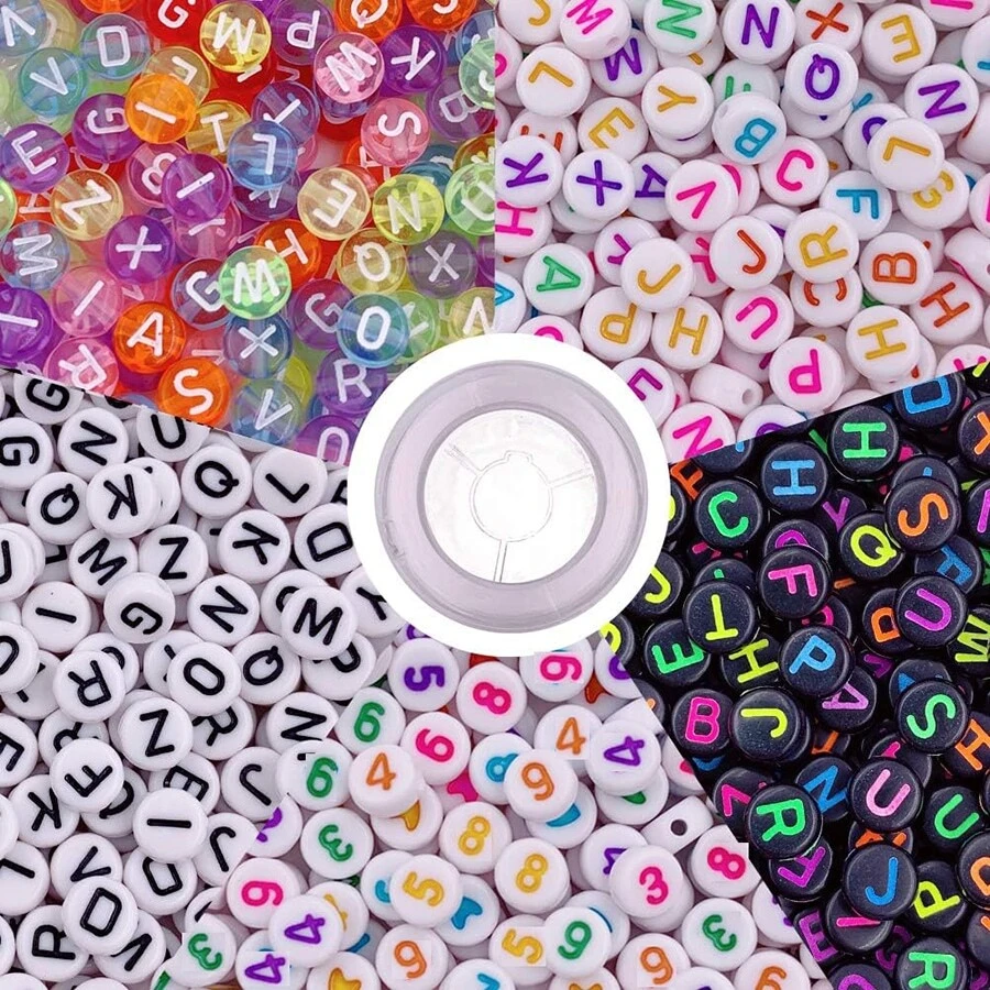 500入組圓字母珠子,亞克力字母數字珠子帶1卷的彈性水晶繩索適用於珠寶製作DIY項鍊手環(7x4mm) - 彩色 - 查看 1