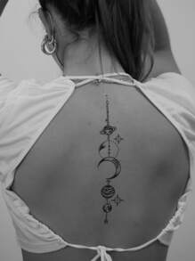 STARTTOOS 1 Stück schwarzer Halbmond & Planeten gestreiftes Muster temporäre Tattoo Aufkleber für Rücken, Arm, Handgelenk, Körper, Wirbelsäule Tattoo - Schwarz - Übersicht 1