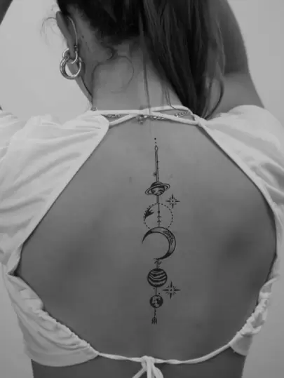 STARTTOOS 1pc Black Crescent & Planet & Stripe Pattern Temporary Tattoo Sticker For Spine, Arm, Wrist, Body