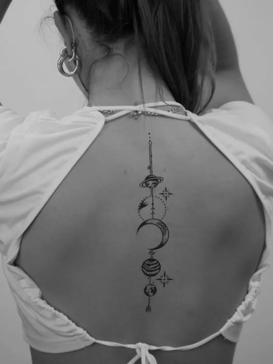 STARTTOOS 1 Stück schwarzer Halbmond & Planeten gestreiftes Muster temporäre Tattoo Aufkleber für Rücken, Arm, Handgelenk, Körper, Wirbelsäule Tattoo - Schwarz - Übersicht 1