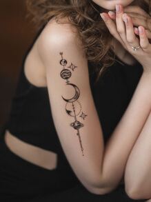 STARTTOOS 1 Stück schwarzer Halbmond & Planeten gestreiftes Muster temporäre Tattoo Aufkleber für Rücken, Arm, Handgelenk, Körper, Wirbelsäule Tattoo - Schwarz - Übersicht 3