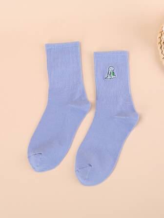 1雙男士刺繡恐龍休閒中筒襪