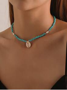 1pc Artistic Vintage Turquoise Beads, Cowrie Shell Choker Necklace, Vacation Style Decoration Jewelry For Women