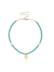 1pc Artistic Vintage Turquoise Beads, Cowrie Shell Choker Necklace, Vacation Style Decoration Jewelry For Women