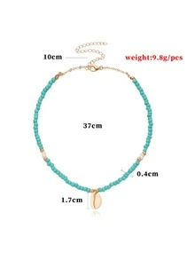 1pc Artistic Vintage Turquoise Beads, Cowrie Shell Choker Necklace, Vacation Style Decoration Jewelry For Women
