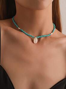 1pc Artistic Vintage Turquoise Beads, Cowrie Shell Choker Necklace, Vacation Style Decoration Jewelry For Women