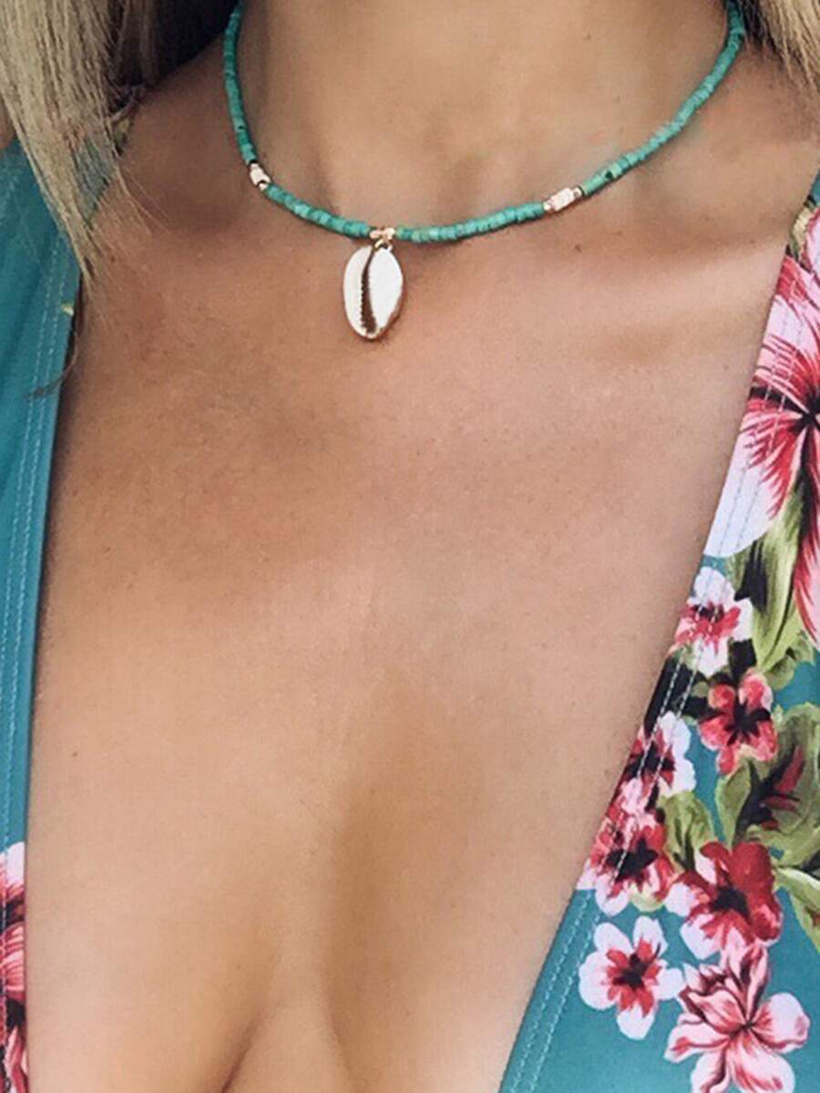 1pc Artistic Vintage Turquoise Beads, Cowrie Shell Choker Necklace, Vacation Style Decoration Jewelry For Women