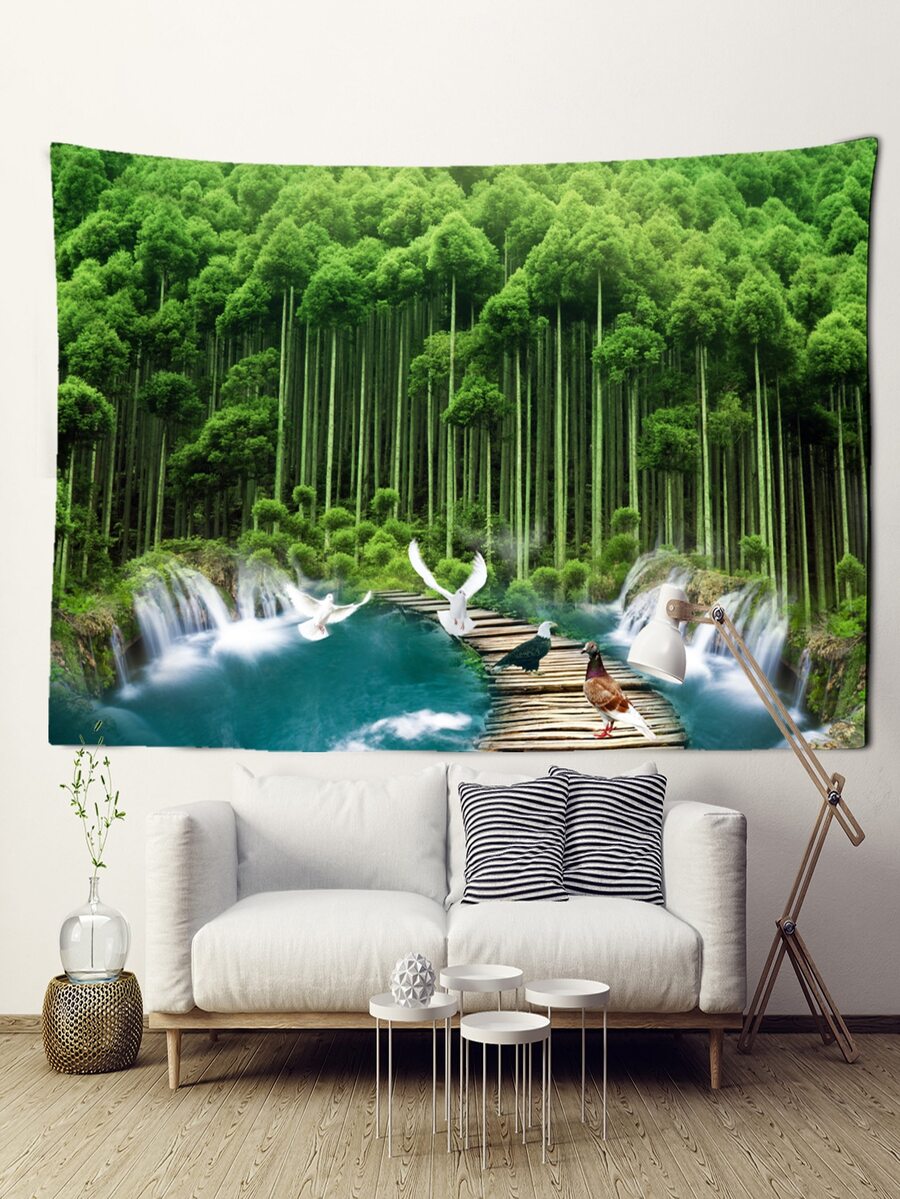 1 件綠竹景觀藝術掛毯壁掛,簡約神秘客廳臥室背景裝飾布,附帶安裝套件 - 彩色 - 查看 1