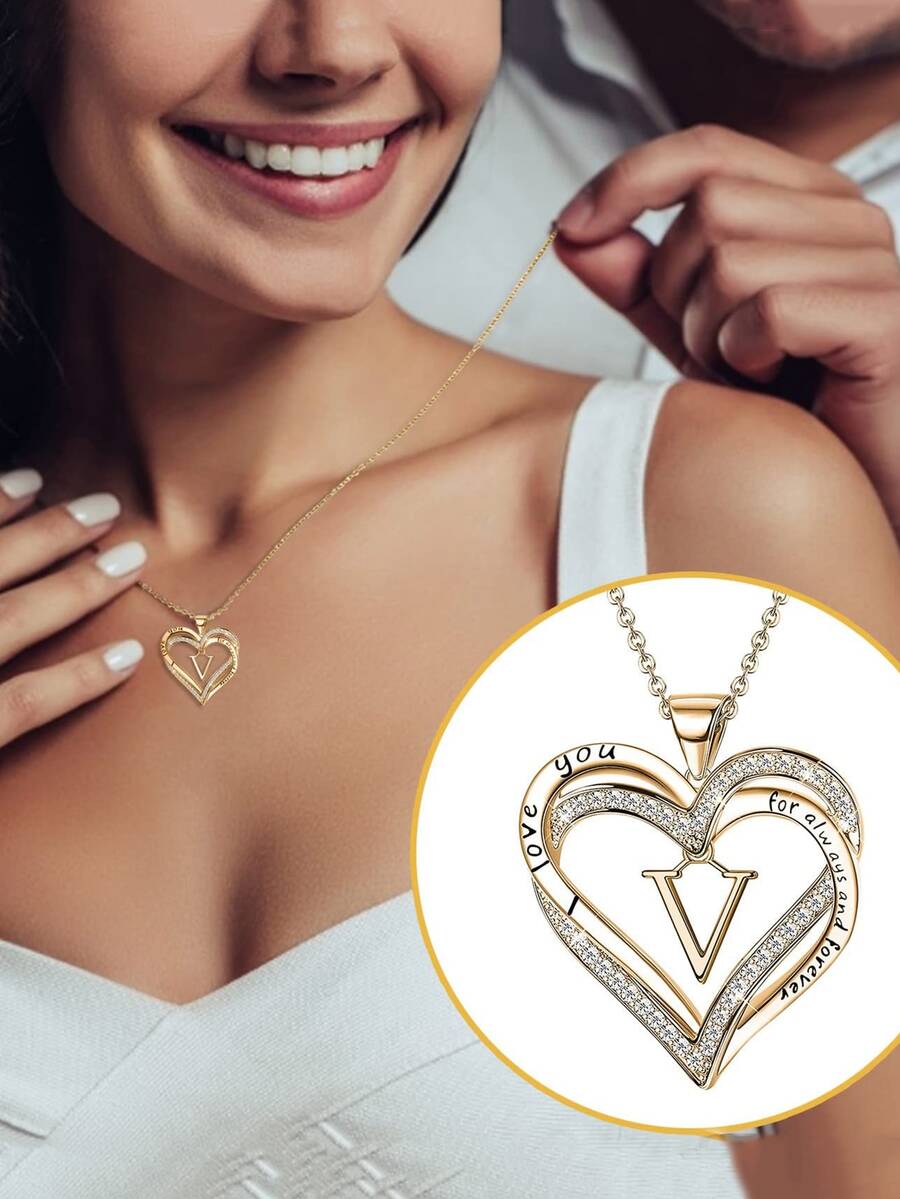 CVNANA 1入26個字母心形吊墜項鍊，跨境專屬珠寶，字母情感項鍊，友誼禮物