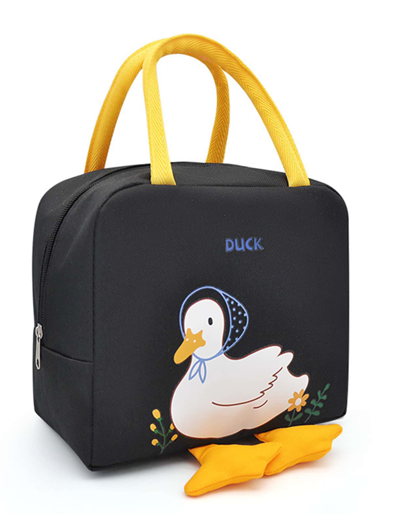 1pc Black Cartoon Duck Pattern Square Insulated Lunch Bag With Handle For Bento Box Storage, Large Capacity And Thickened - Black - View 1