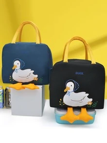 1pc Black Cartoon Duck Pattern Square Insulated Lunch Bag With Handle For Bento Box Storage, Large Capacity And Thickened - Black - View 2