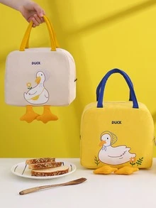 1pc Black Cartoon Duck Pattern Square Insulated Lunch Bag With Handle For Bento Box Storage, Large Capacity And Thickened - Black - View 3