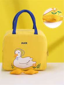 1pc Black Cartoon Duck Pattern Square Insulated Lunch Bag With Handle For Bento Box Storage, Large Capacity And Thickened - Black - View 4