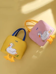 1pc Black Cartoon Duck Pattern Square Insulated Lunch Bag With Handle For Bento Box Storage, Large Capacity And Thickened - Black - View 6